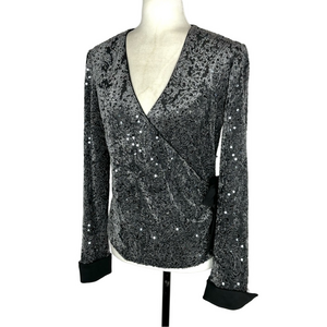 Grey silver sequin faux-wrap blouse